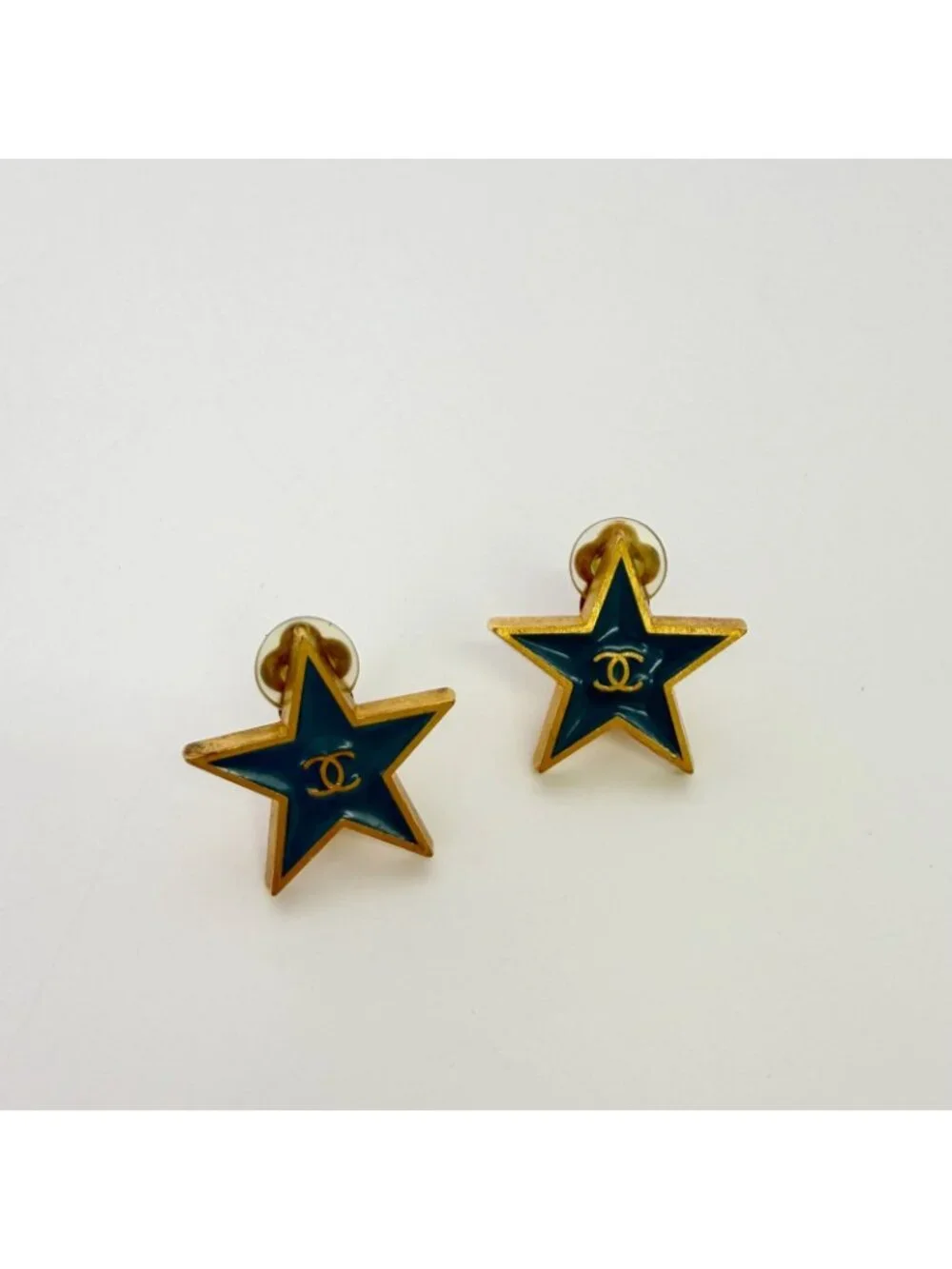 Chanel CC Logo Star Earrings Plated Turquoise Blue Gold Vintage